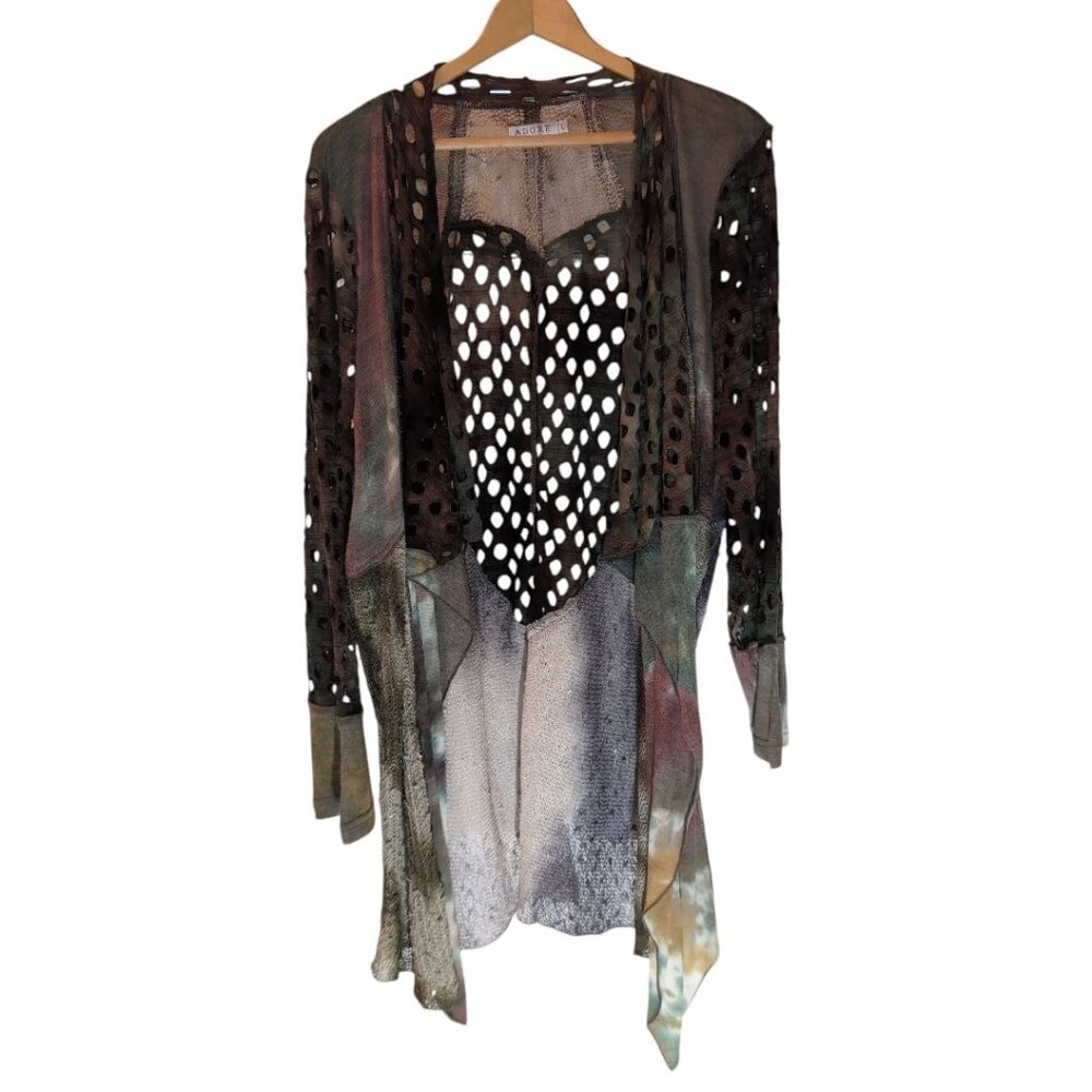 Adore Mesh Knit Cardigan Womens Large Art to Wear Statement Cutout Tie-Dye